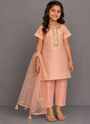Peach embroidered chanderi cotton silk kurti set 1