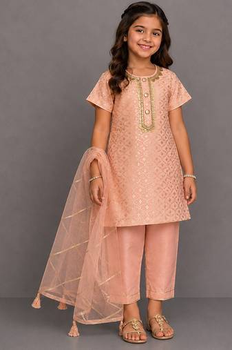 Peach embroidered chanderi cotton silk kurti set