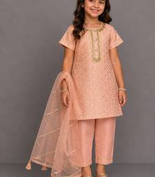 Peach embroidered chanderi cotton silk kurti set