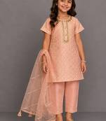 Peach embroidered chanderi cotton silk kurti set