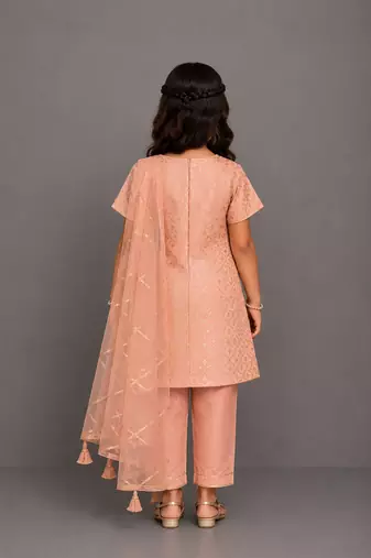 Peach embroidered chanderi cotton silk kurti set