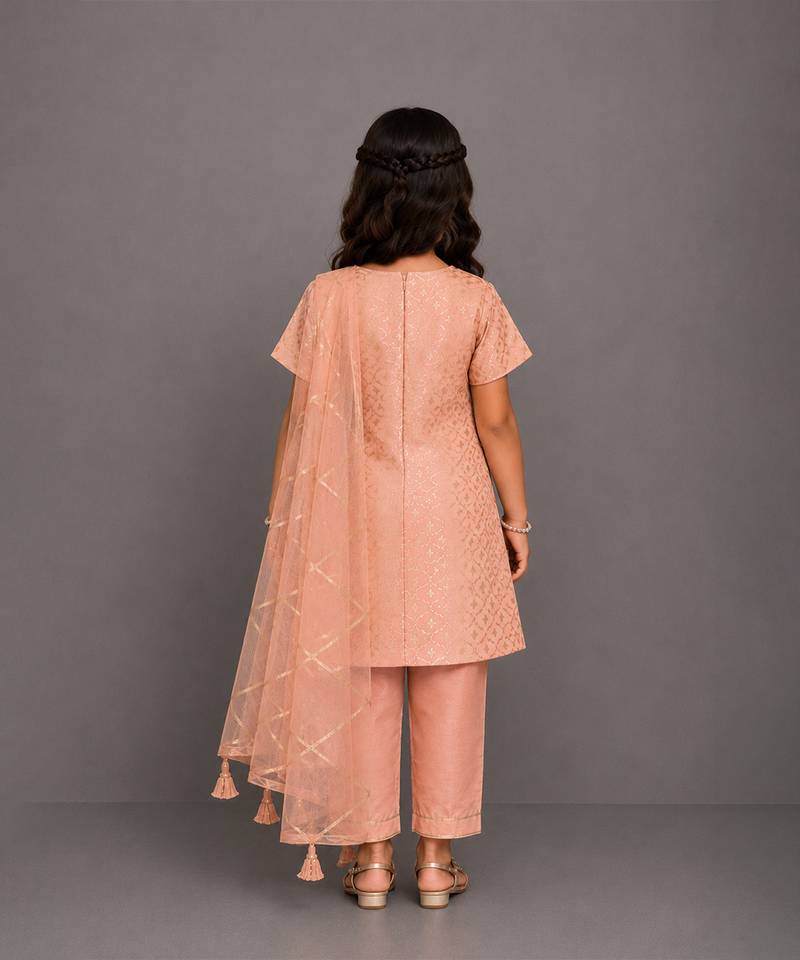 Peach embroidered chanderi cotton silk kurti set
