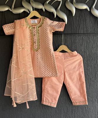 Peach embroidered chanderi cotton silk kurti set 3