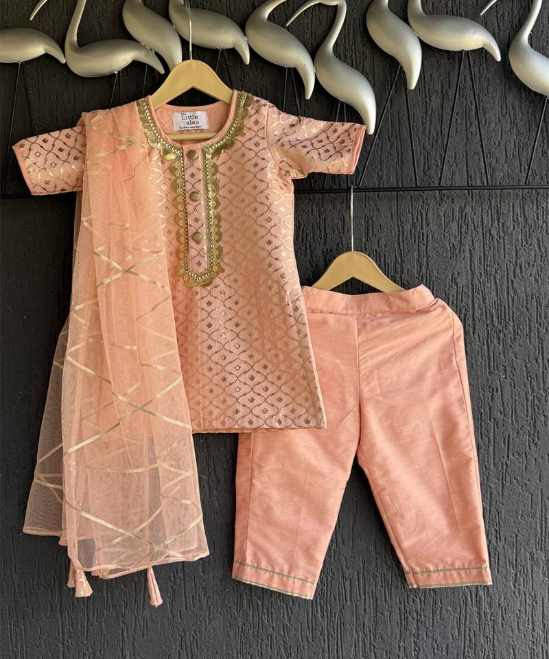 Peach embroidered chanderi cotton silk kurti set