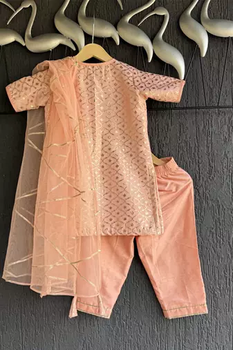 Peach embroidered chanderi cotton silk kurti set
