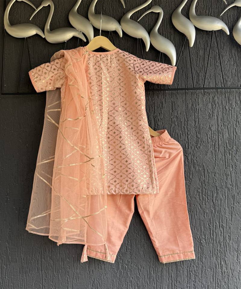 Peach embroidered chanderi cotton silk kurti set