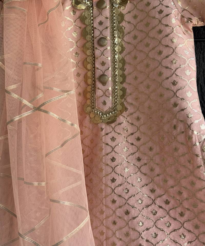 Peach embroidered chanderi cotton silk kurti set