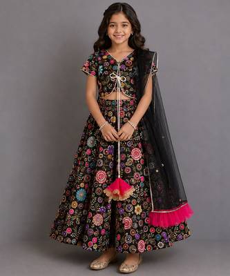 Black embroidered organza cotton silk lehenga set 1