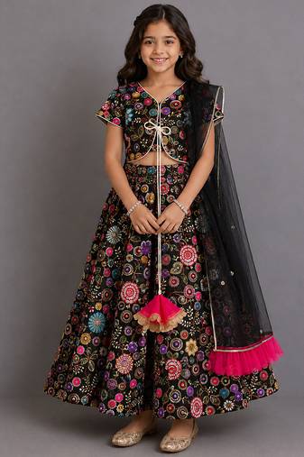 Black embroidered organza cotton silk lehenga set