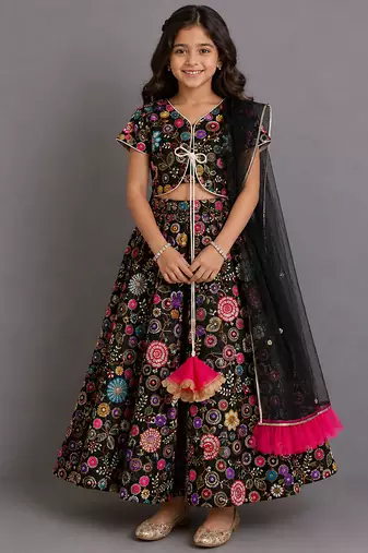 Black embroidered organza cotton silk lehenga set