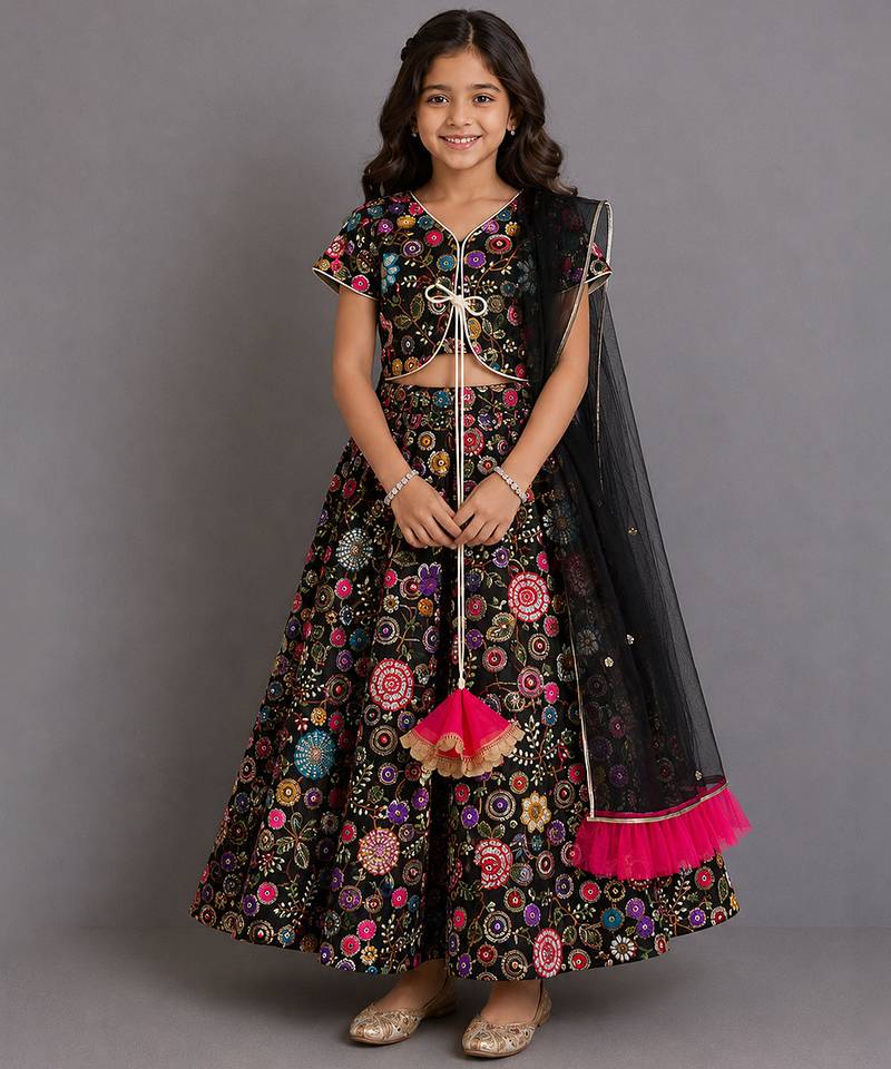 Black embroidered organza cotton silk lehenga set