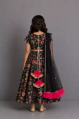 Black embroidered organza cotton silk lehenga set