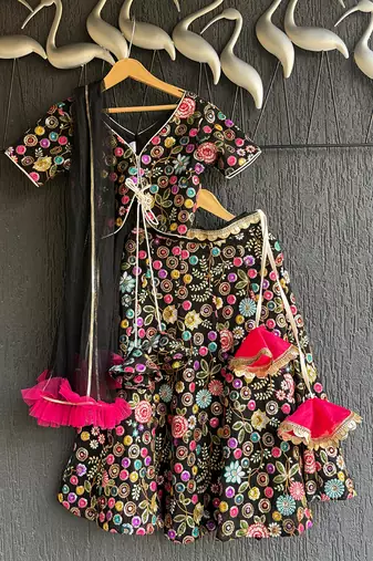 Black embroidered organza cotton silk lehenga set