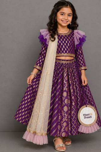 Purple chanderi organza attached dupatta lehenga set