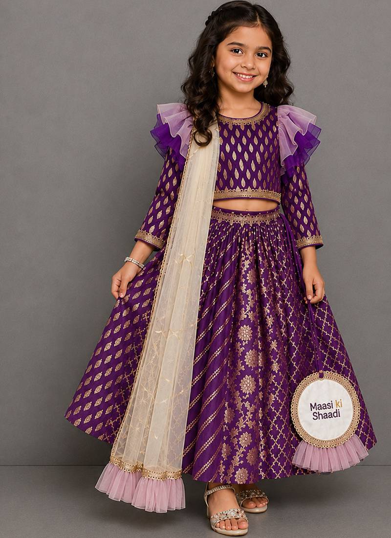 Purple chanderi organza attached dupatta lehenga set