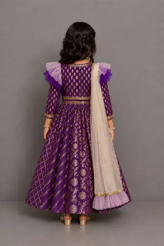 Purple chanderi organza attached dupatta lehenga set