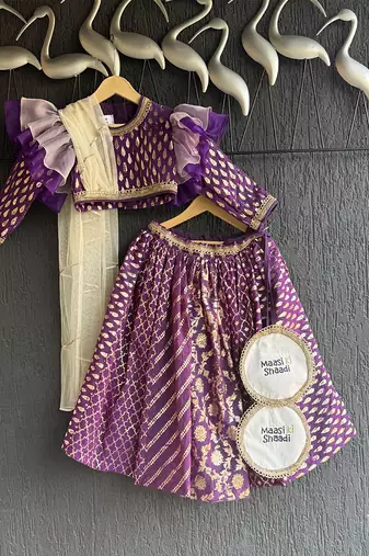 Purple chanderi organza attached dupatta lehenga set