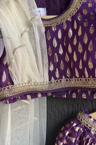 Purple chanderi organza attached dupatta lehenga set