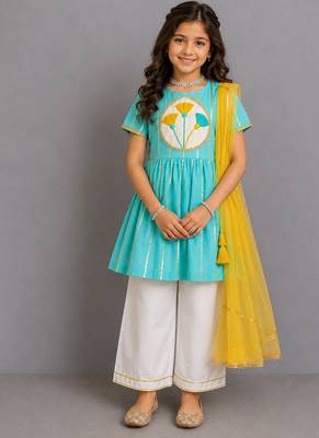 Blue off white embroidered cotton silk kurti set 1