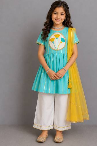 Blue off white embroidered cotton silk kurti set