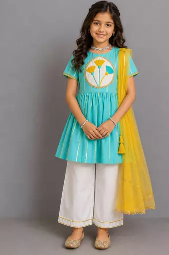 Blue off white embroidered cotton silk kurti set