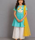 Blue off white embroidered cotton silk kurti set