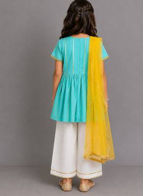 Blue off white embroidered cotton silk kurti set 2
