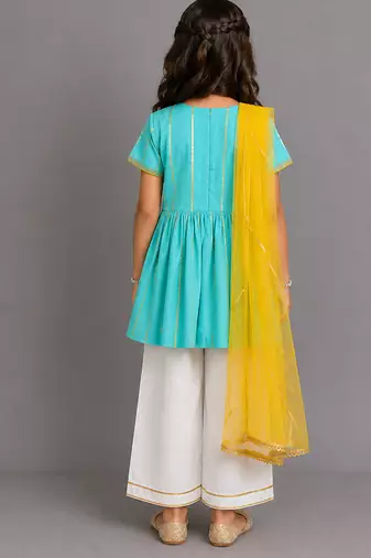 Blue off white embroidered cotton silk kurti set