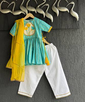 Blue off white embroidered cotton silk kurti set 3