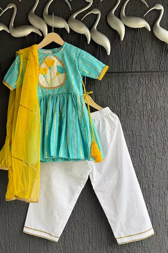 Blue off white embroidered cotton silk kurti set