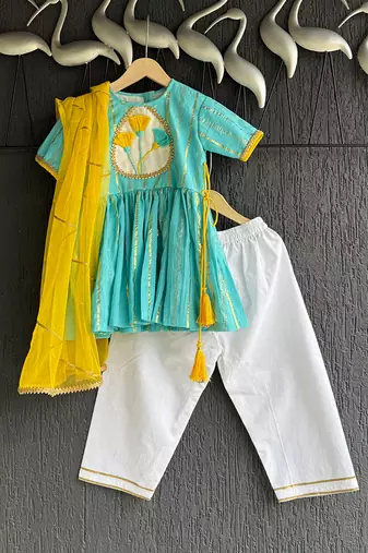 Blue off white embroidered cotton silk kurti set