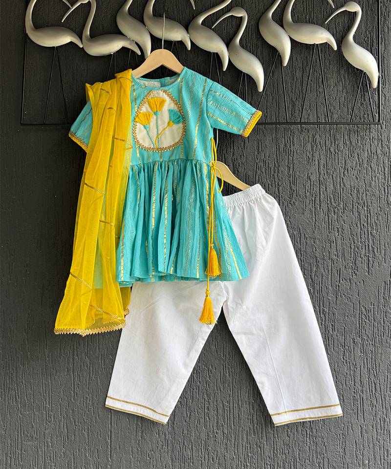 Blue off white embroidered cotton silk kurti set