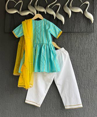 Blue off white embroidered cotton silk kurti set 5