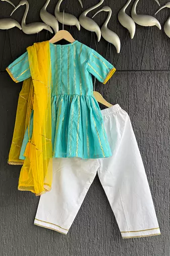 Blue off white embroidered cotton silk kurti set