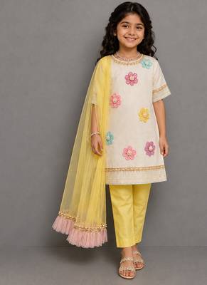Off white yellow embroidered cotton silk organza kurti set 1