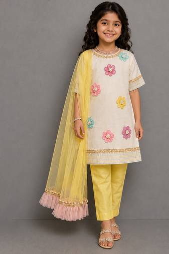Off white yellow embroidered cotton silk organza kurti set