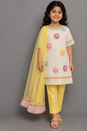 Off white yellow embroidered cotton silk organza kurti set