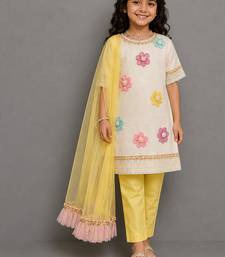 Off white yellow embroidered cotton silk organza kurti set