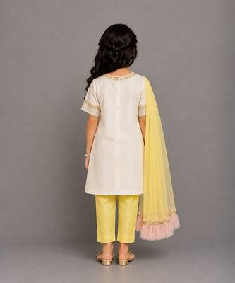 Off white yellow embroidered cotton silk organza kurti set 2