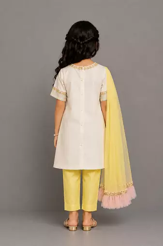 Off white yellow embroidered cotton silk organza kurti set