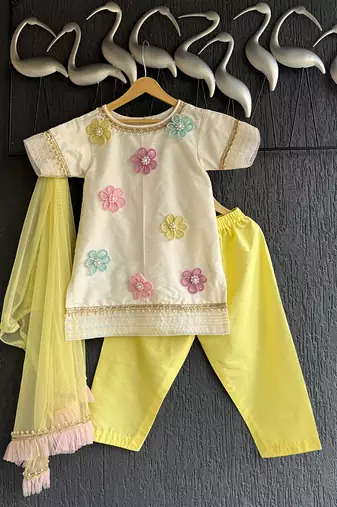 Off white yellow embroidered cotton silk organza kurti set