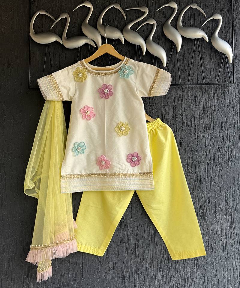 Off white yellow embroidered cotton silk organza kurti set