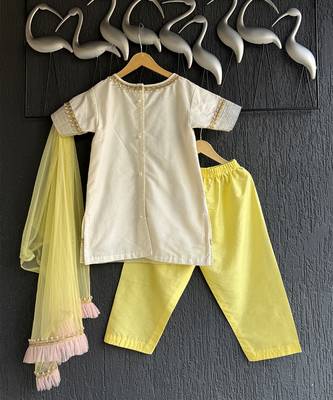 Off white yellow embroidered cotton silk organza kurti set 4