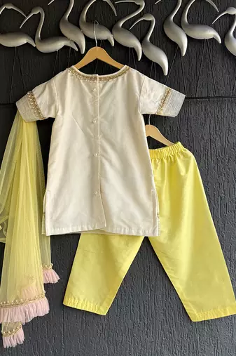 Off white yellow embroidered cotton silk organza kurti set