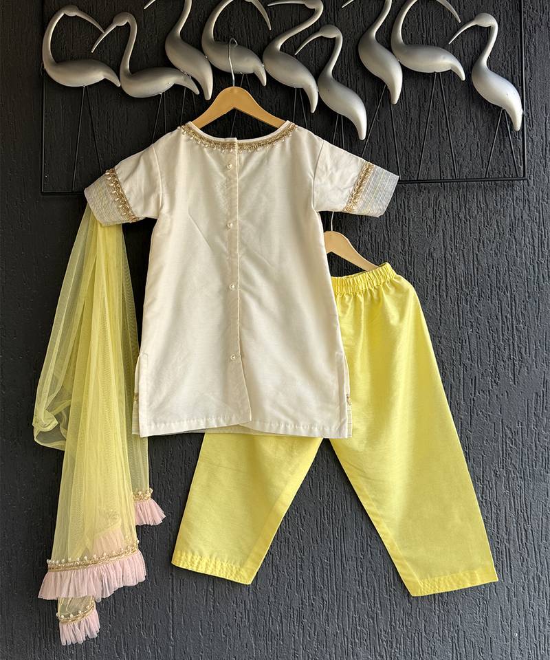 Off white yellow embroidered cotton silk organza kurti set
