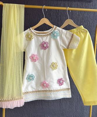 Off white yellow embroidered cotton silk organza kurti set 5