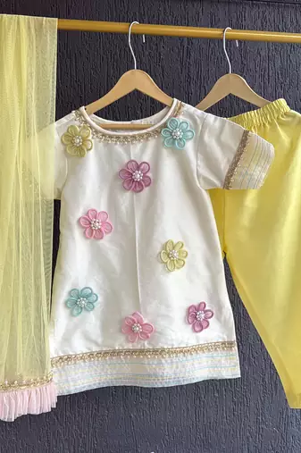 Off white yellow embroidered cotton silk organza kurti set