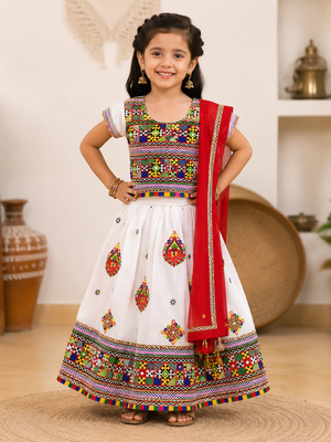 White embroidered cotton traditional chaniya choli for girls with blouse 1
