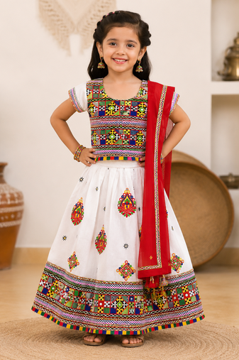 White embroidered cotton traditional chaniya choli for girls with blouse