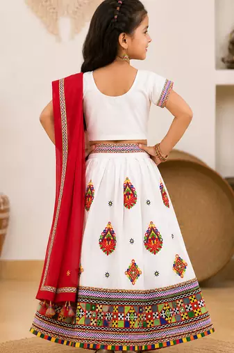 White embroidered cotton traditional chaniya choli for girls with blouse
